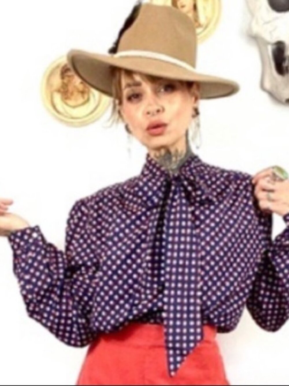 Evan Picone vintage printed bow blouse 14